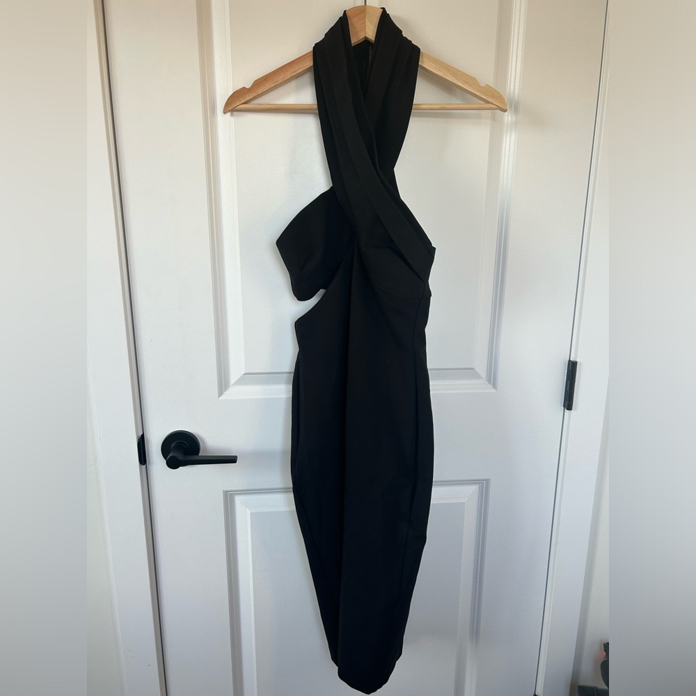 bec + bridge Black One-Shoulder Draped Sheath Dress
